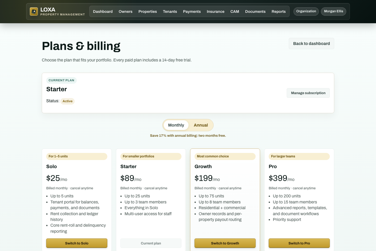 LOXA Plans and billing screen with fictional demonstration data