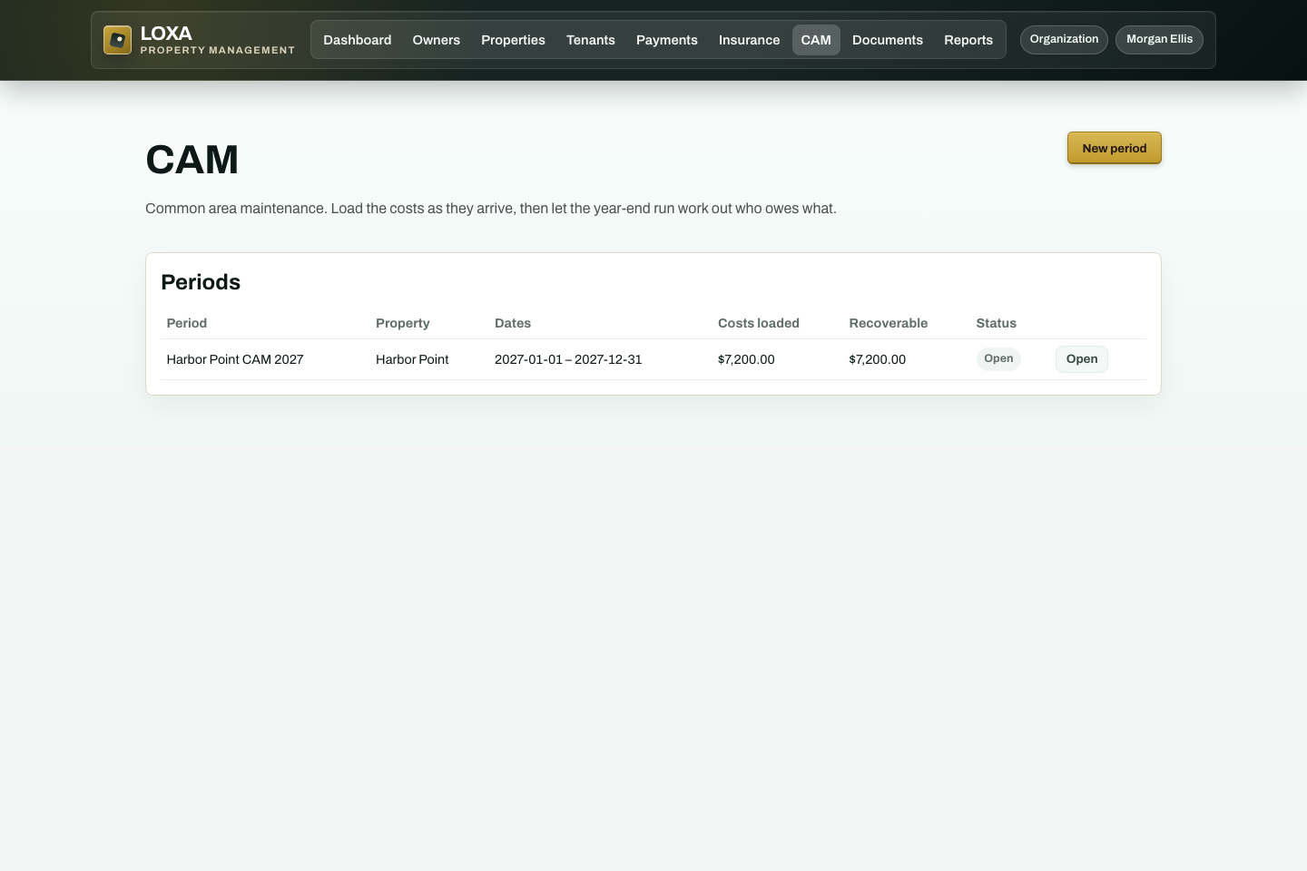 LOXA Common area maintenance screen with fictional demonstration data