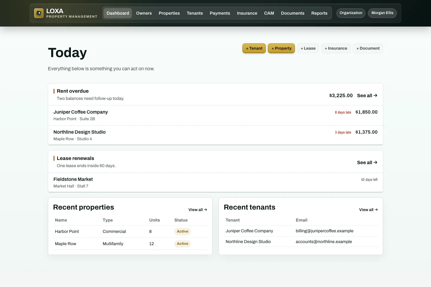 LOXA dashboard showing fictional portfolio tasks, properties, and tenants