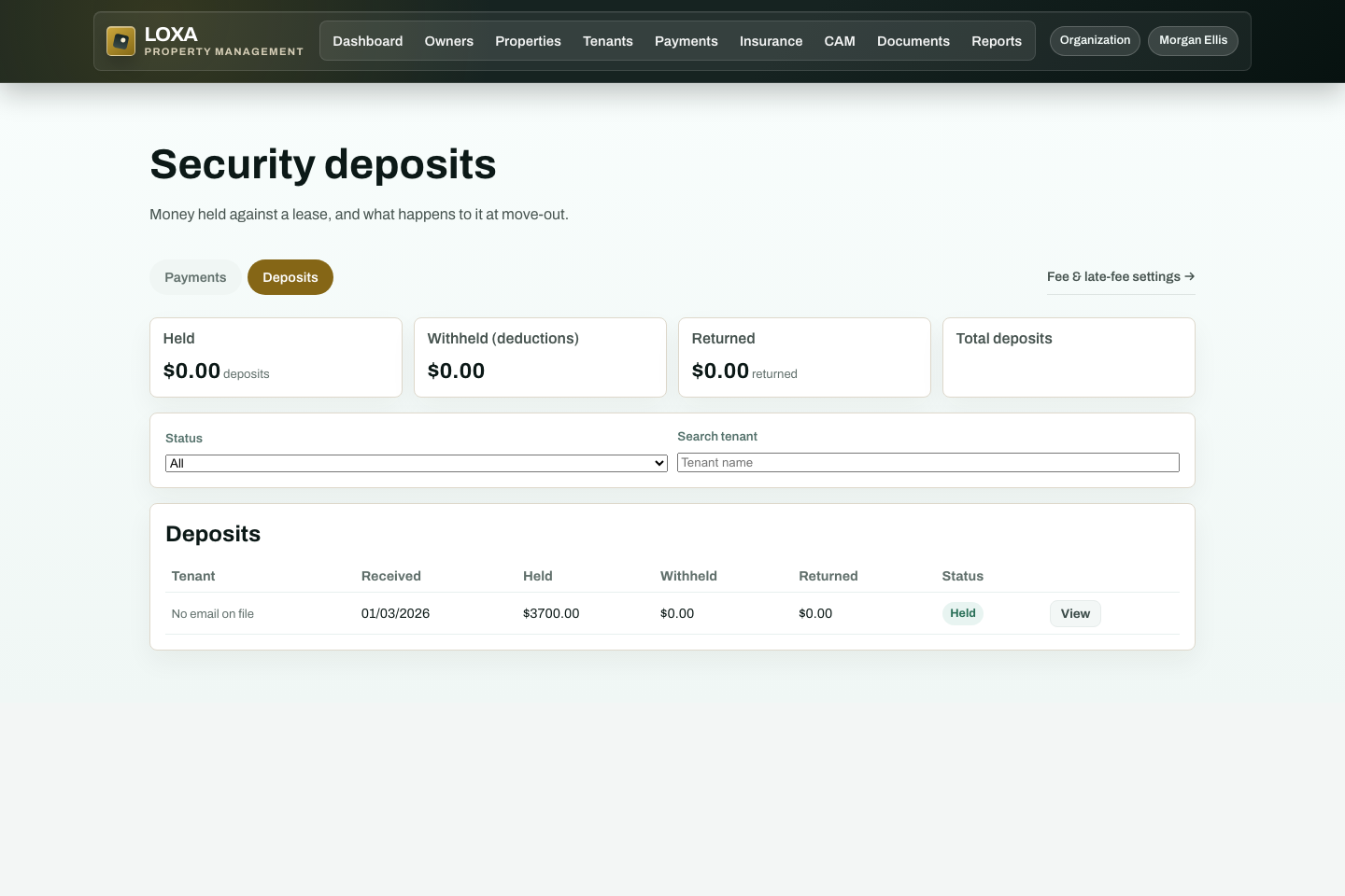 LOXA Security deposits screen with fictional demonstration data
