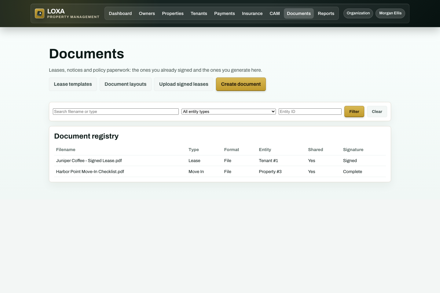LOXA document registry with fictional leases and policy files