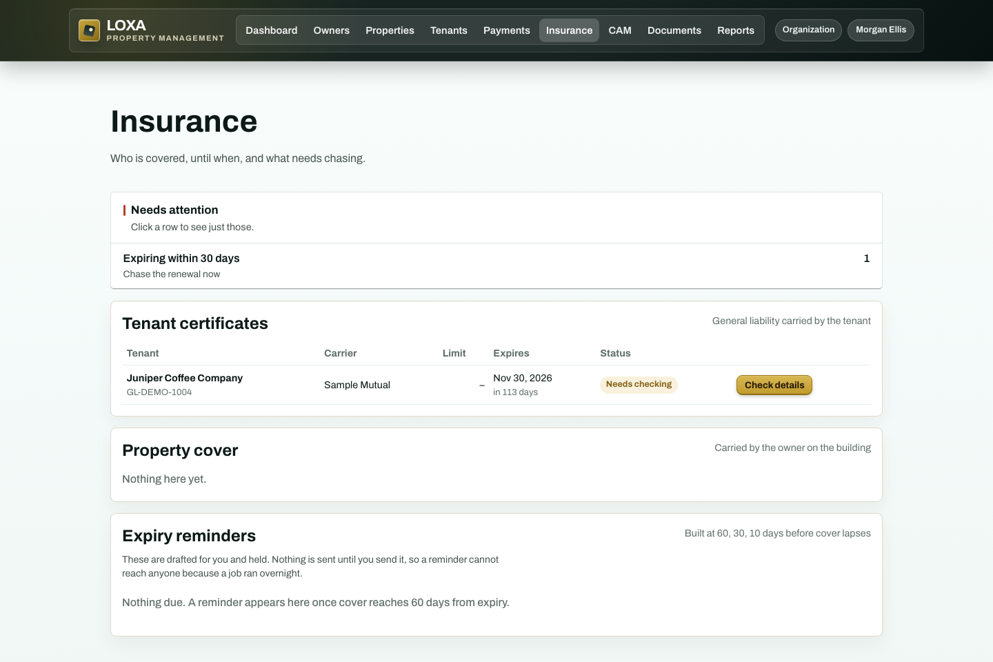 LOXA Insurance screen with fictional demonstration data