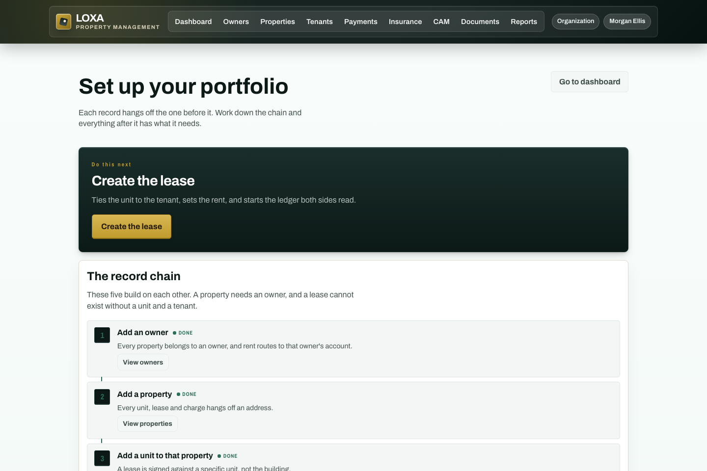 LOXA onboarding checklist populated with fictional portfolio setup records