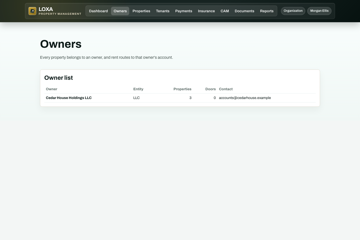 LOXA Owners and money routing screen with fictional demonstration data