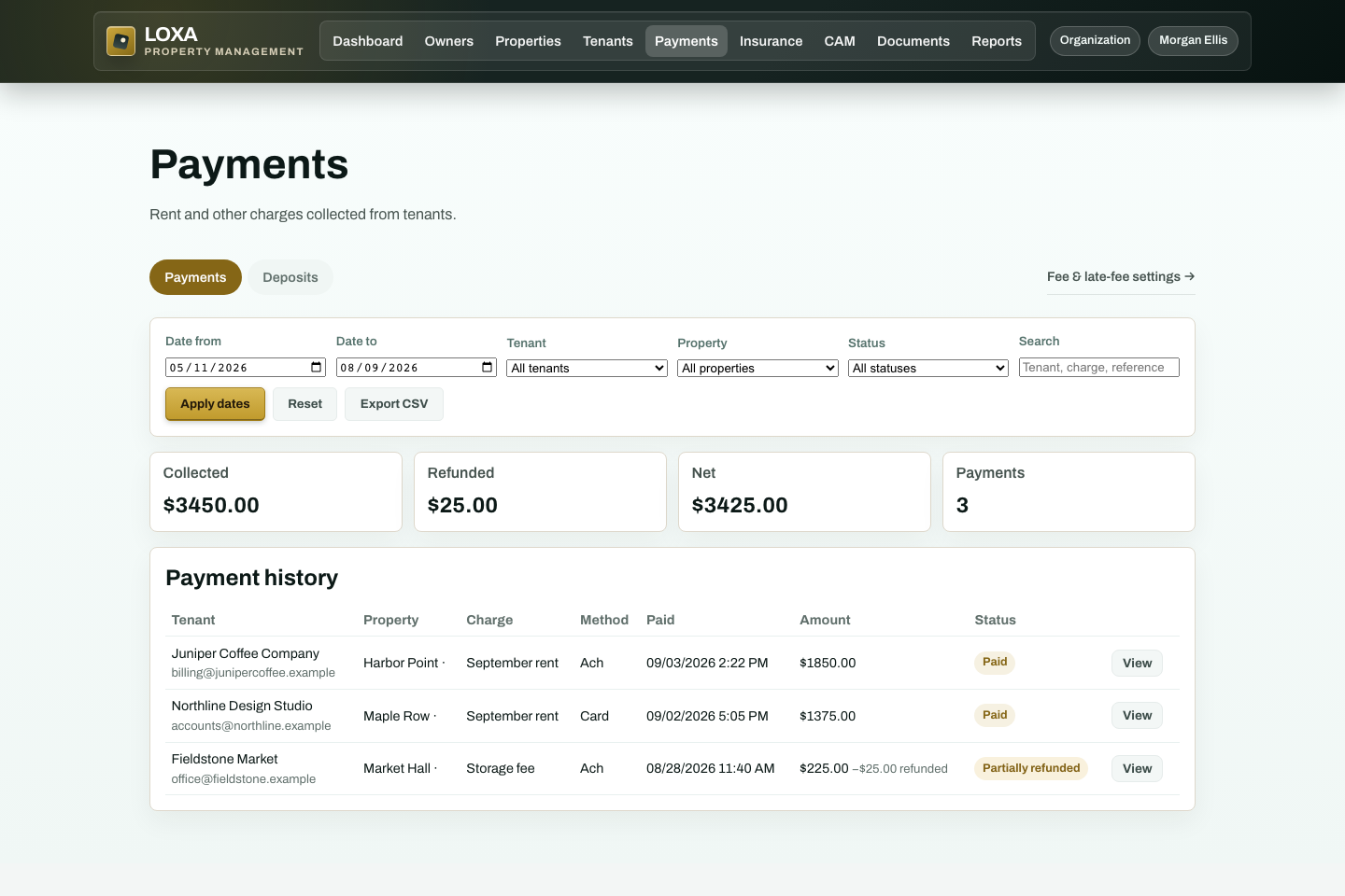 LOXA payment history with fictional collected, refunded, and net totals