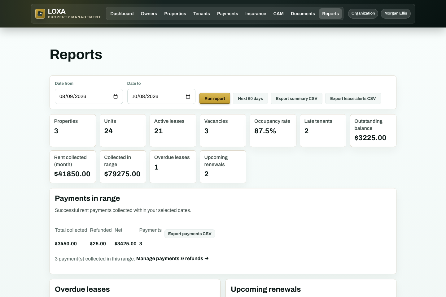 LOXA reports view with fictional portfolio and payment totals