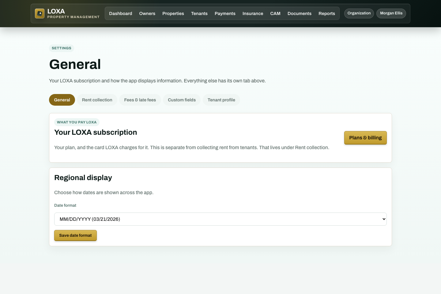 LOXA Organization settings screen with fictional demonstration data