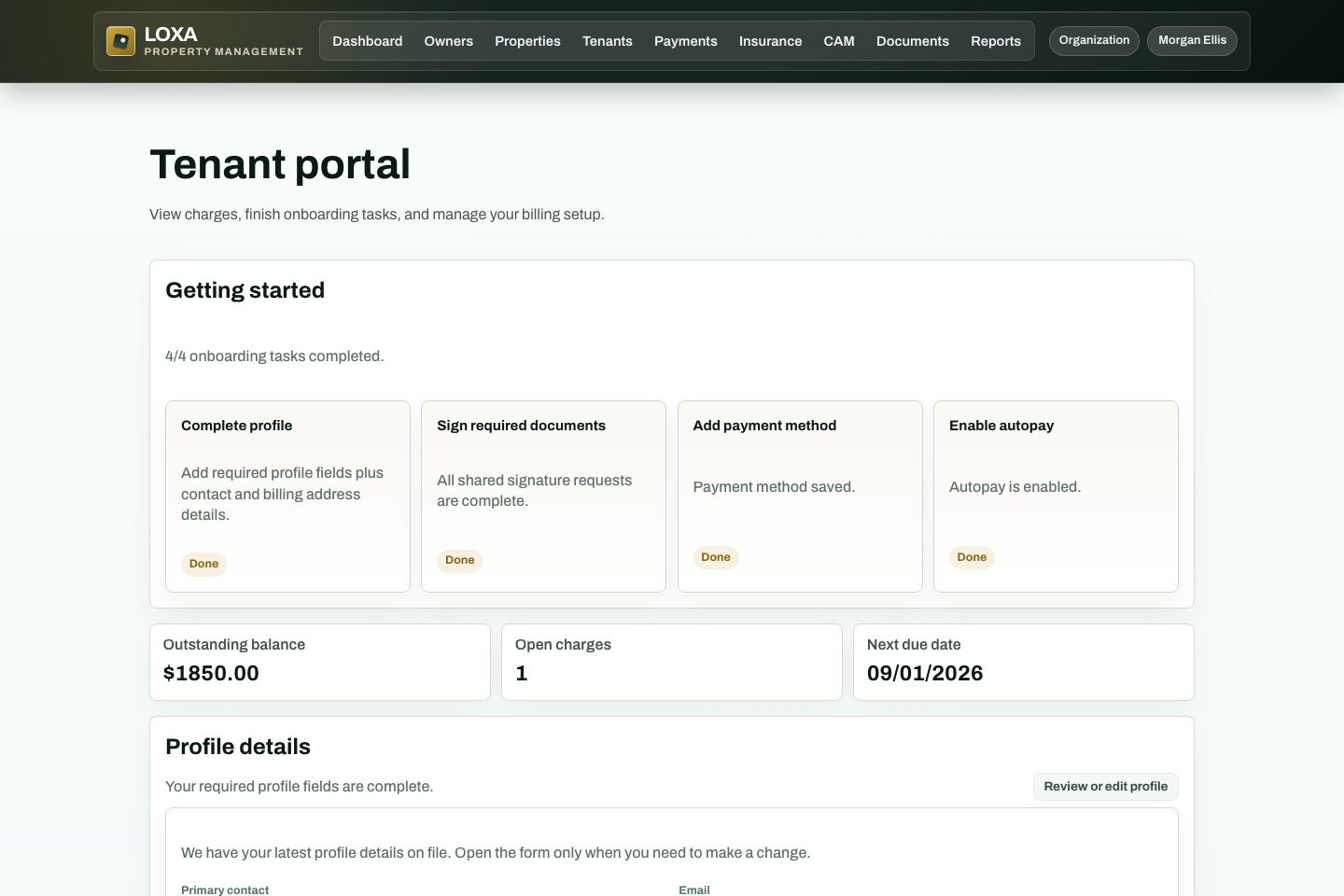 LOXA resident portal with fictional balance, payment, profile, and document information