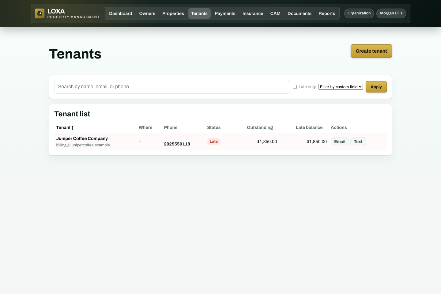 LOXA Tenants and resident records screen with fictional demonstration data