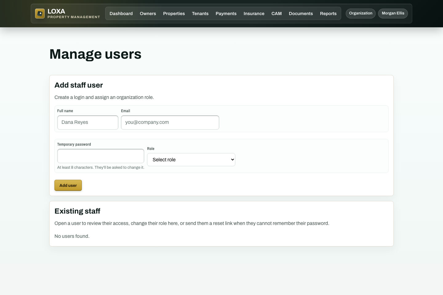 LOXA Users and roles screen with fictional demonstration data